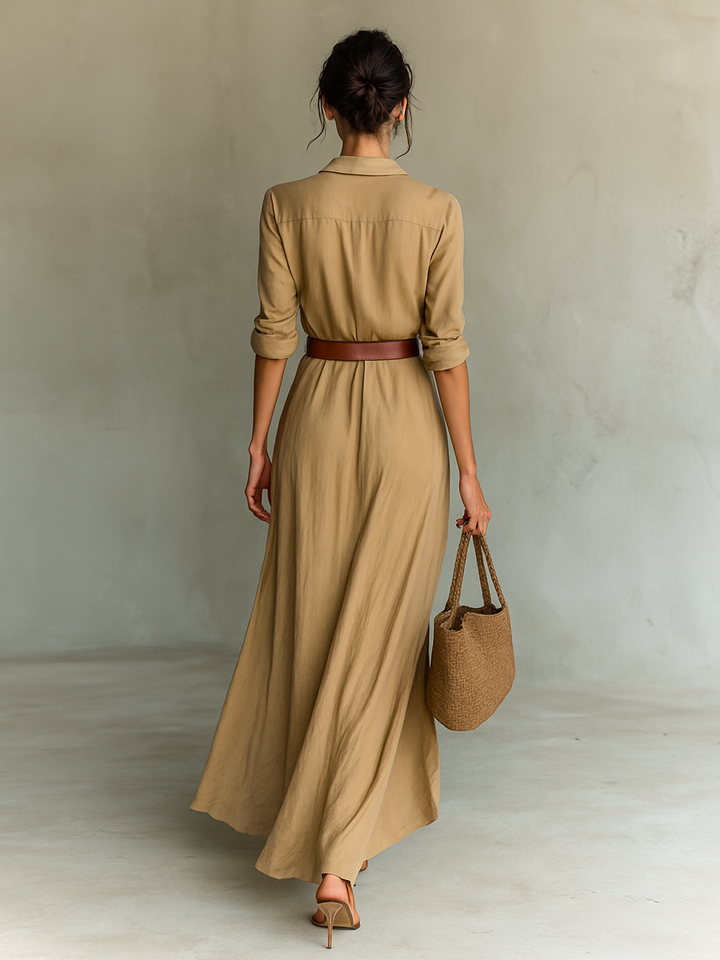 Rita long-sleeve wrap maxi dress, styled detail view