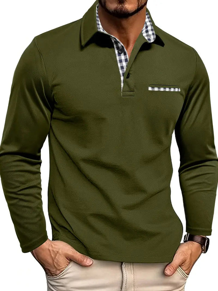 Harold Premium Long Sleeve Polo in army green, front view
