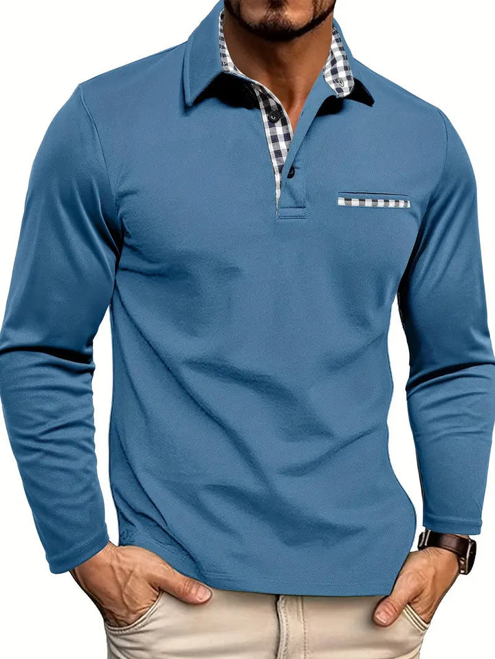 Harold Premium Long Sleeve Polo in sky blue, folded flat lay