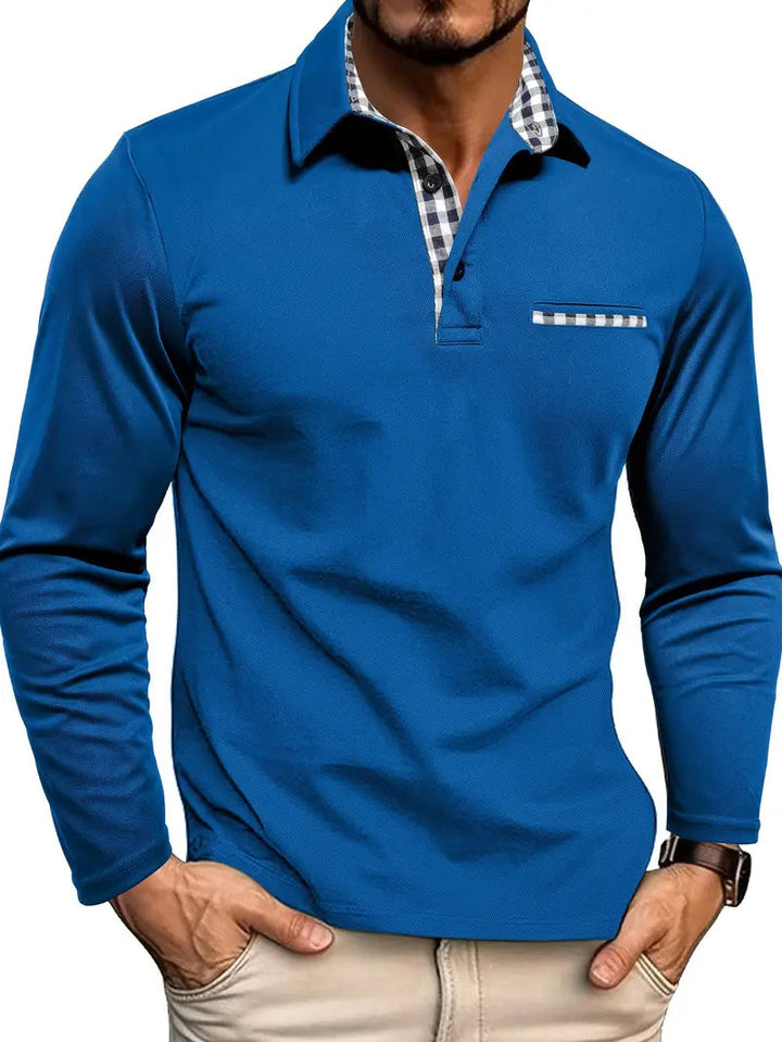 Harold Premium Long Sleeve Polo in blue, front view