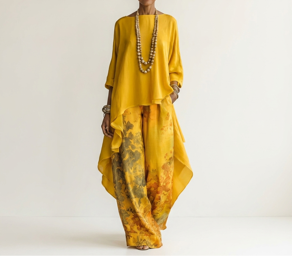 Helen asymmetric tunic and wide-leg pants set in yellow, front view