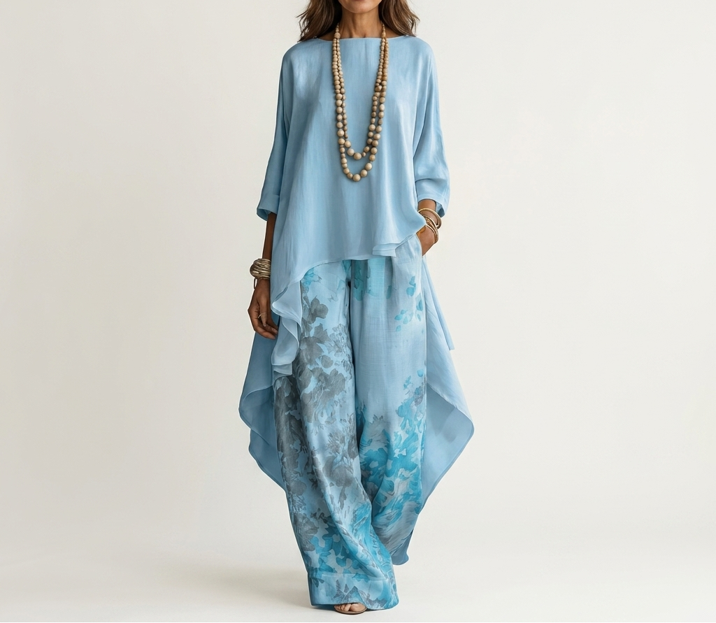 Helen asymmetric tunic and wide-leg pants set in blue, front view