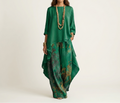 Helen asymmetric tunic and wide-leg pants set in green, front view