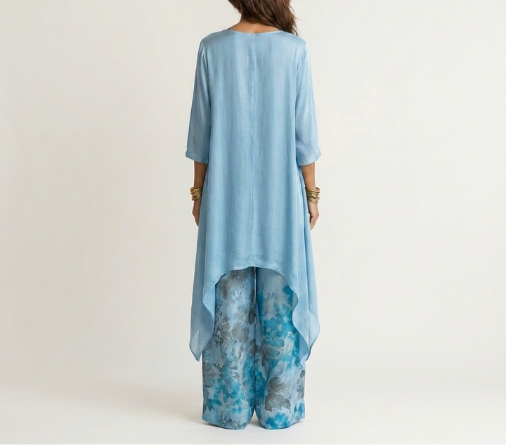 Helen asymmetric tunic and wide-leg pants set in blue, back view