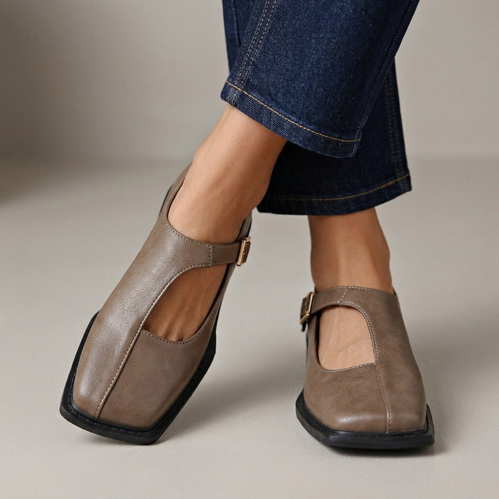 Rosalie Mary Janes shown from the front, showcasing the squared toe and low block heel