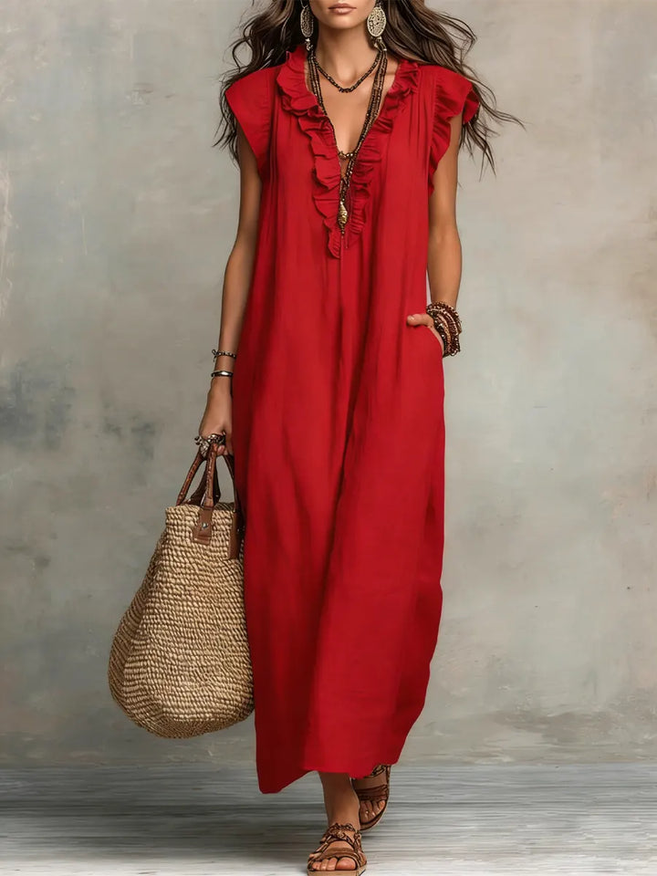 Paige - Ruffled V-Neck Linen Dress