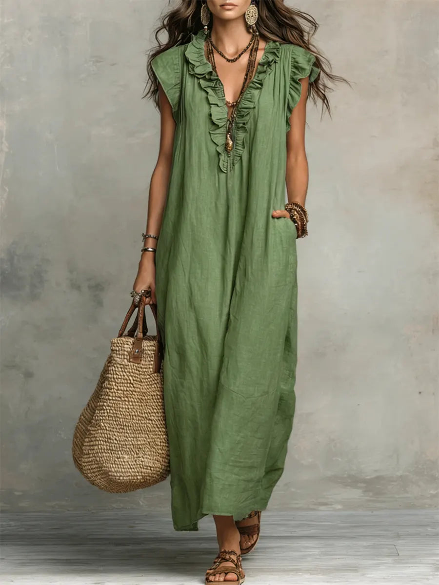 Paige - Ruffled V-Neck Linen Dress