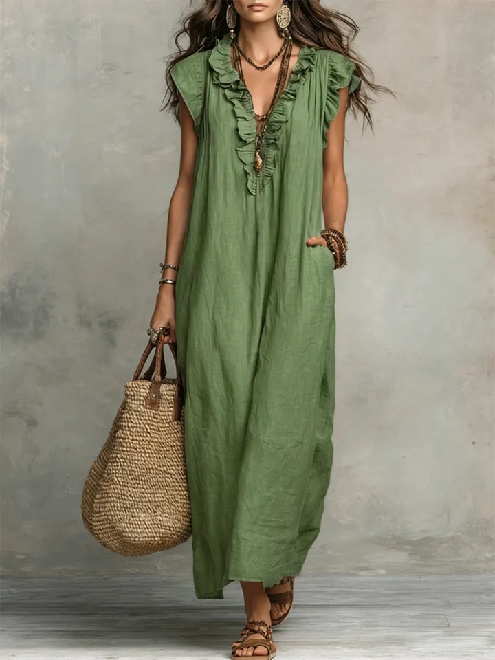 Paige - Ruffled V-Neck Linen Dress