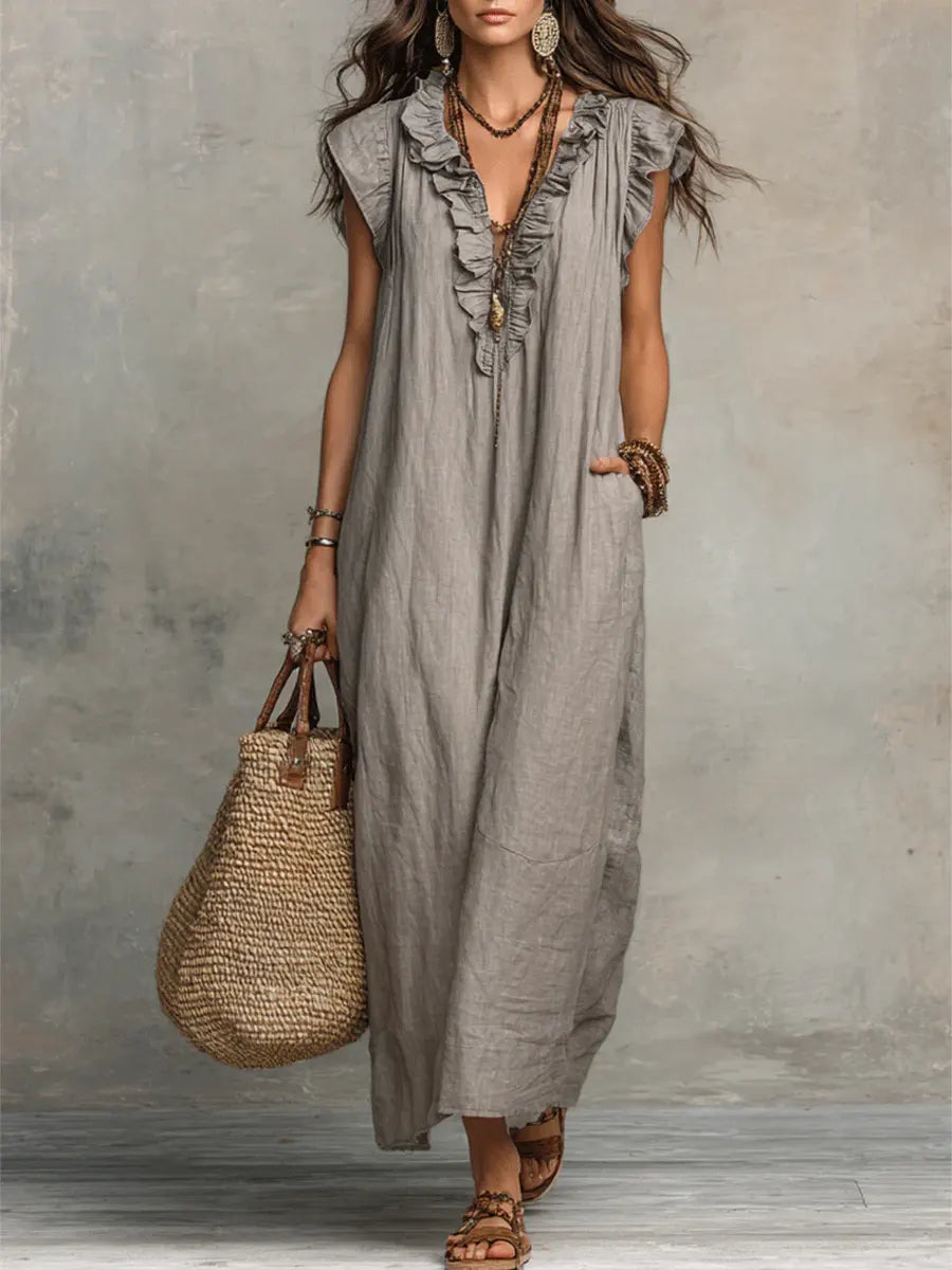 Paige - Ruffled V-Neck Linen Dress