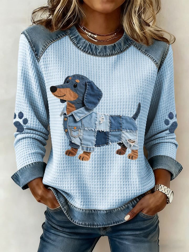 Wanda dachshund print sweater in light blue cotton knit
