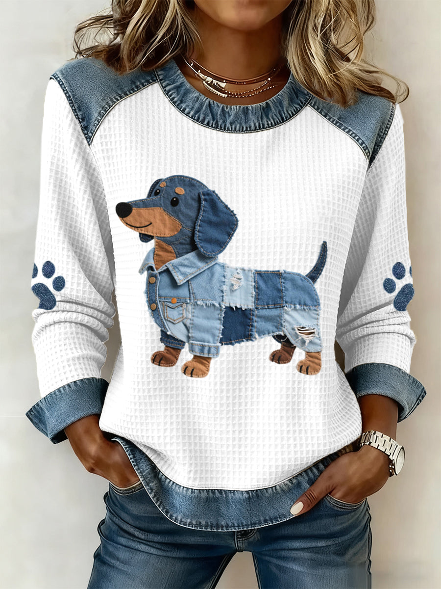 Wanda dachshund print sweater in white cotton knit