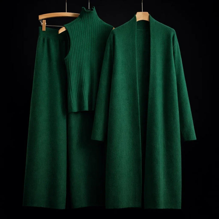 Phyllis cashmere three-piece knit set in dark green