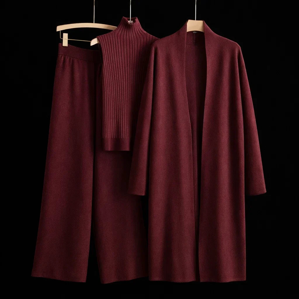 Phyllis cashmere three-piece knit set in burgundy