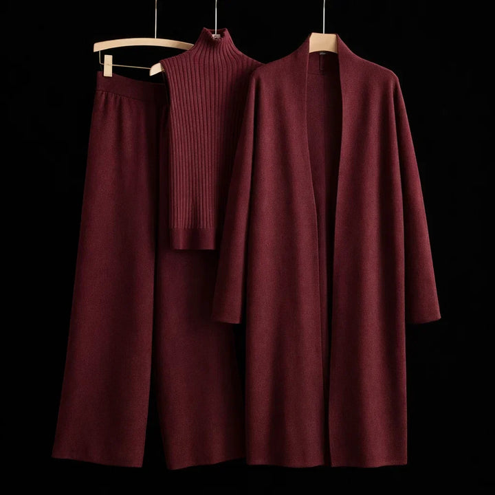 Phyllis cashmere three-piece knit set in burgundy