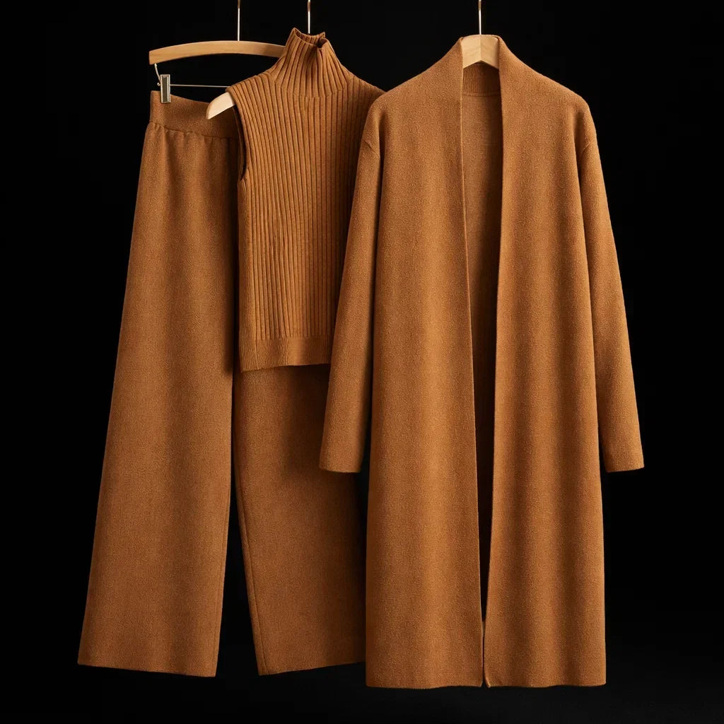 Phyllis cashmere three-piece knit set in caramel